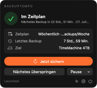 BackupTempo-Menüleisten-Popover zeigt das nächste Backup in 2 Stunden, eine orange Jetzt-sichern-Schaltfläche und die aktuelle Zeitplan-Karte