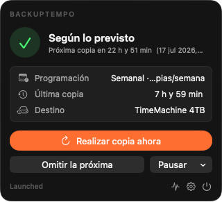 Ventana emergente de la barra de menús de BackupTempo mostrando la próxima copia en 2 horas, un botón naranja Copiar ahora y la tarjeta de calendario actual