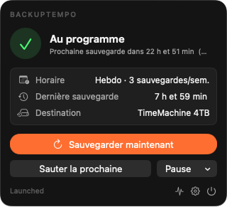 Popover de la barre des menus de BackupTempo montrant la prochaine sauvegarde dans 2 heures, un bouton orange Sauvegarder maintenant, et la carte d'horaire actuelle
