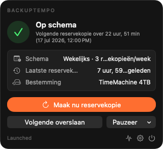 BackupTempo-menubalkpopover met de volgende reservekopie over 2 uur, een oranje knop Nu reservekopie en de huidige planningskaart